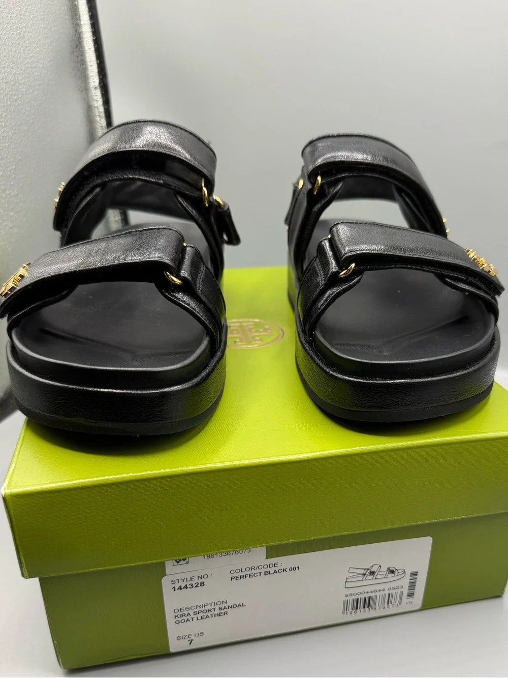 Tory Burch Black Leather Velcro Platform Sandals with Gold Logo